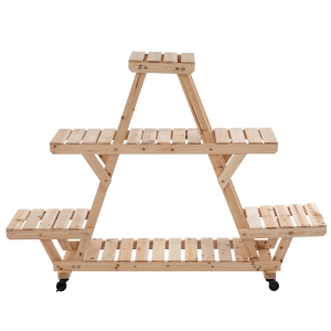 Outsunny 56'' x 14'' x 41'' 4 Tier Wooden Plant Stand with Removable Wheels, Large Display Capacity & Wood Build - Natural
