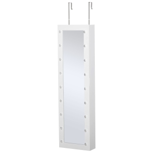 HOMCOM Jewelry Armoire with Mirror and 18 LED Lights, Wall-Mounted/Over-The-Door Cabinet with 3 Mountable Heights - White