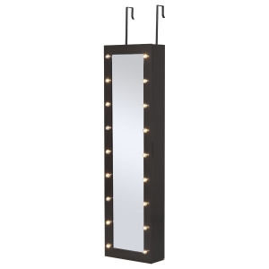 HOMCOM Jewelry Armoire with Mirror and 18 LED Lights, Wall-Mounted/Over-The-Door Cabinet with 3 Mountable Heights - Dark Walnut