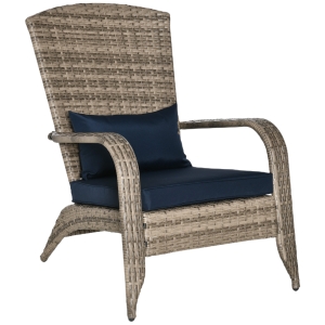 Outsunny Patio Adirondack Chair with All-Weather Rattan Wicker, Soft Cushions, Tall Curved Backrest for Deck or Garden, Dark Blue