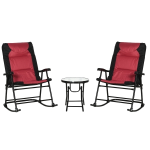 Outsunny 3PC Folding Outdoor Rocking Chair Table Set, Oxford Garden Bistro Set, Red