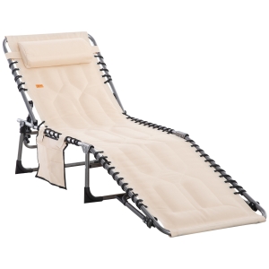 Outsunny Folding Chaise Lounge Chair, Outdoor Padded Reclining Chair with 5-position Adjustable Backrest, Pillow and Pocket, Beige