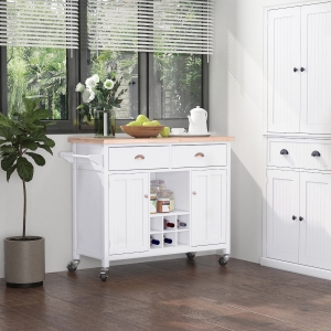 HOMCOM Kitchen Storage Trolley Cart Rolling Island Wood Cabinet w/ Towel Rack White
