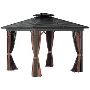 Outsunny Outdoor 2-Tier 10' x 10' Patio Hard Top Aluminum Gazebo w/ Mesh Privacy Sidewalls