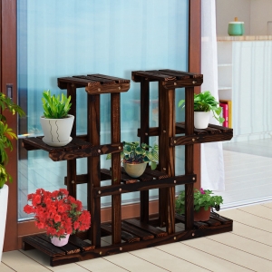 Outsunny Carbonized Wooden Tower Plant Stand Flower Rack Outdoor Garden Shelf