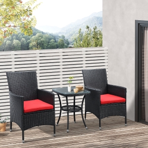 Outsunny 3PC Rattan Bistro Set 2 Armchair Glass Top Coffee Table Wicker Weave Furniture for Garden Outdoor Balcony Patio Black