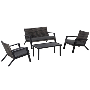 Outsunny 4-Piece Patio Sofa Set, PE Rattan Outdoor Sofa with 2 Cushioned Sofas, 1 Loveseat and Coffee Table for Garden, Backyard