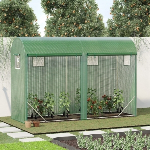 Outsunny 10' x 3' x 7' Tunnel Greenhouse Outdoor Walk-In Hot House with Roll-up Windows and Zippered Door, Steel Frame, PE Cover, Green
