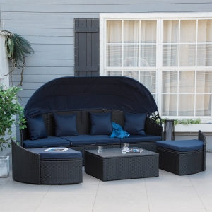 Outsunny 4 Pieces Patio PE Wicker Lounge Set, Outdoor Rattan Garden Conversation Furniture Set, Round Sofa Bed, Dark Blue