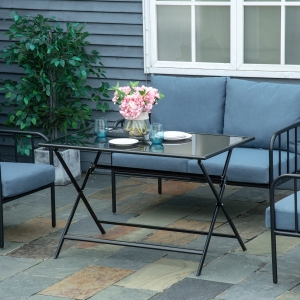 Outsunny Folding Patio Dining Table for 6, Rectangle Glass Outdoor Table w/ Umbrella Hole for Garden Lawn Backyard