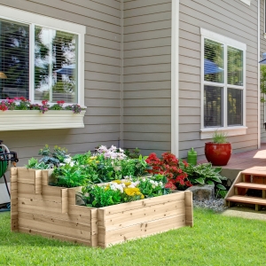 Outsunny 3-Tier Wood Raised Garden Bed, Elevated Planting Box, Outdoor Vegetable Flower Container, Natural