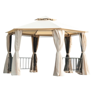 Outsunny 13' x 13' Outdoor Patio Gazebo Canopy Pavilion with Removable Mesh Netting, Curtains, Double Tiered Roof, UV Protection & Large Floor Space Beige Hexagon