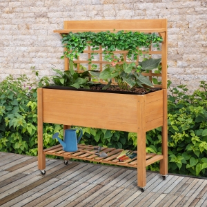Outsunny Wooden Planter Raised Elevated Garden Bed with Shelf and Wheels
