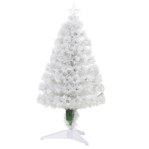 HOMCOM 3ft Tall Pre-Lit Douglas Fir Artificial Christmas Tree with Realistic Branches, 90 Multi-Color LED Lights, Fiber Optics, and 90 Tips, White