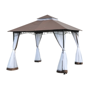 Outsunny 10' x 10' Double-tier Patio Gazebo Canopy Shelter, Outdoor Sun Shade with Mesh Curtains, Coffee