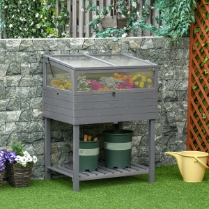 Outsunny Raised Garden Bed with Cold Frame Greenhouse, Grow Grids and Storage Shelf, Outdoor 2 Tiers Elevated Wood Planter Box, Grey