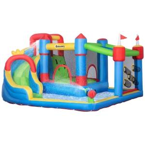Outsunny 6-in-1 Inflatable Water Slide, Kids Castle Bounce House Includes Slide, Trampoline, Pool, Water Gun, Climbing Wall, Throwing Wall with Carry Bag, Repair Patches