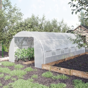 Outsunny Large Walk-in Greenhouse, 20'x10'x6' Tunnel Greenhouse with Zippered Door and 12 Roll-up Windows, White