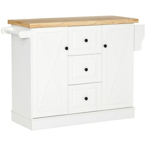HOMCOM Farmhouse Mobile Kitchen Island Utility Cart on Wheels with Barn Door Style Cabinets, Drawers, White