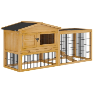 PawHut Solid Wood Rabbit Hutch with 2 House Levels and Patio Space