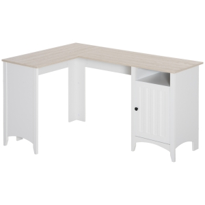 HOMCOM L-Shaped Computer Desk with Open Shelf and Storage Cabinet, Corner Writing Desk with Adjustable Shelf, Natural / White