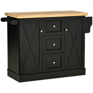 HOMCOM Farmhouse Mobile Kitchen Island Utility Cart on Wheels with Barn Door Style Cabinets, Drawers, Black