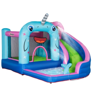 Outsunny 5-in-1 Water Slide Kids Inflatable Bounce House, Narwhal Theme Jumping Castle Includes Trampoline, Pool, Water Gun, Climbing Wall with Carry Bag, Repair Patches without Air Blower