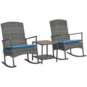 Outsunny 3 Piece Outdoor PE Rattan Rocking Chair Set, Patio Wicker Recliner Rocker Chair with Soft Cushion & Nature Wood Top Coffee Table, Blue