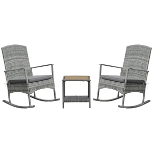 Outsunny 3 Piece Outdoor PE Rattan Rocking Chair Set, Patio Wicker Recliner Rocker Chair with Soft Cushion & Nature Wood Top Coffee Table, Grey