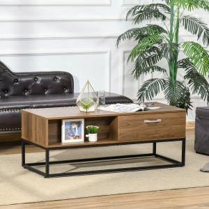 HOMCOM 47" Industrial Coffee Table with Storage Shelves, 2 Drawers, Rectangular Frame, Accent Cocktail Table for Living Room, Brown