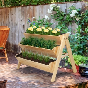 Outsunny 3 Tier Wooden Garden Flower Stand Vertical Plant Bed Storage with Clapboard, Hooks,47.25''x26.75''x31.5''