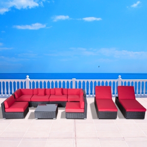 Outsunny 9pcs Outdoor Sofa Resin Wicker Sofa Set Patio Couch PE Rattan Furniture Outdoor Lounger Cushioned Seat Red