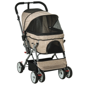 PawHut Pet Stroller Foldable Dog/Cat Travel Carriage with Reversible Handle EVA Wheels Brakes Storage Bag, 3-stage Canopy, Zippered Mesh Window Door, Brown