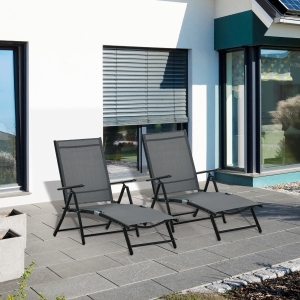 Outsunny Outdoor Set of 2 Lounge Chair, Folding Reclining Garden Sun Lounger with Metal Frame, Adjustable Backrest for Patio, Deck, and Poolside, Grey