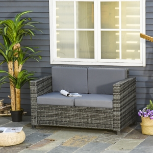 Outsunny Patio PE Rattan 2-seater Sofa, Outdoor All Weather Resin Wicker Loveseat w/ Padded Cushions, Garden Chair Furniture for Terraces, Poolside, Park, Grey