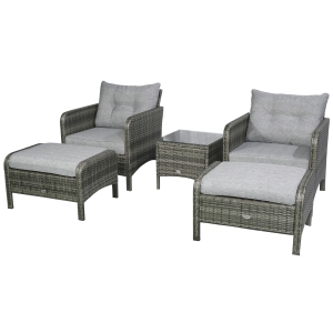 Outsunny 5 Pieces Rattan Wicker Lounge Chair Outdoor Patio Conversation Set with 2 Cushioned Chairs, 2 Ottomans & Tempered Glass Top Coffee Table, Grey