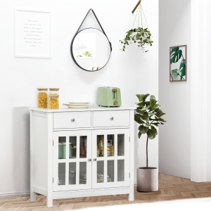 HOMCOM Sideboard Buffet Cabinet, Kitchen Storage Cabinet Cupboard Console Table with Glass Doors, Drawers for Bar, Dining Room, Hallway, White