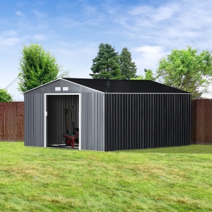 Outsunny 11' x 13' Practical Backyard Garden Storage Tool Shed Double Sliding Door 4 Ventilation Slots, Grey
