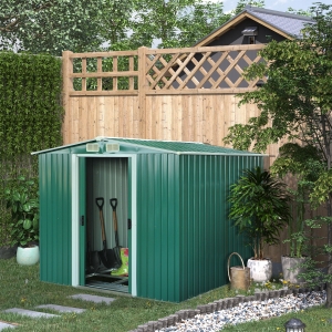 Outsunny 8.5' x 6.8' x 5.8' Practical Backyard Garden Storage Tool Shed Double Sliding Door 4 Ventilation Slots, Green