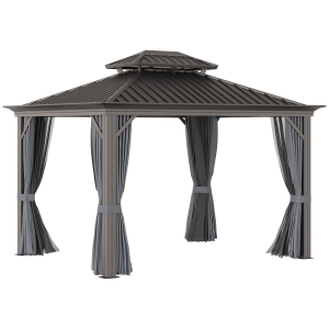 Outsunny 12' x 10' Hardtop Gazebo Galvanized Steel Canopy with Aluminum Frame Outdoor Double Vented Roof Pergola with Netting and Curtains for Patios, Gardens, Lawns, Charcoal Grey
