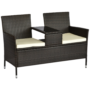 Outsunny Patio Wicker Conversation Furniture Set, Outdoor Rattan 2-Seater Chair, Modern Loveseat w/ Cushions & Tempered Glass Top Coffee Table for Garden, Lawn, Backyard, Porch, Brown