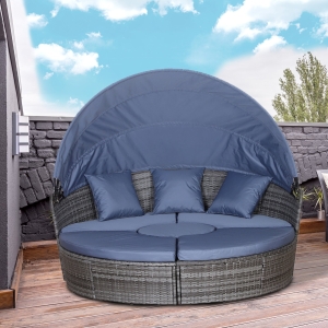 Outsunny 4-piece Cushioned Outdoor Rattan Wicker Round Daybed or Conversational Sofa Set with Sun Canopy, Grey
