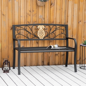 Outsunny 2 Seater Garden Bench Loveseat with Golden Pineapple on Backrest for Yard, Lawn, Porch, Patio, Steel
