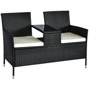 Outsunny Patio Wicker Conversation Furniture Set, Outdoor Rattan 2-Seater Chair, Modern Loveseat w/ Cushions & Tempered Glass Top Coffee Table for Garden, Lawn, Backyard, Porch, Black