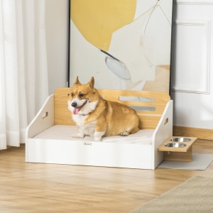 PawHut Modern Dog Bed Frame, Furniture Style Pet Sofa, Cat Couch, with Soft Cushion, Washable Cover, 2 Feeding Bowls, Handles, for Small and Medium Sized Dog