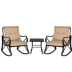Outsunny 3 PC Patio Rocking Chair Set with Coffee Table Garden Bistro Set with Cushions - Beige