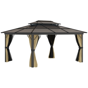 Outsunny 11x15 Hardtop Gazebo with Aluminum Frame, Polycarbonate Gazebo Canopy with Ceiling Hooks, Curtains and Netting for Garden, Patio, Backyard, Beige