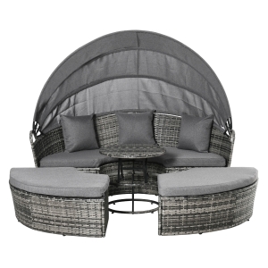 Outsunny 4 PCS PE Rattan Wicker Patio Lounge Set, Round Sofa Bed w/ Adjustable Coffee Table