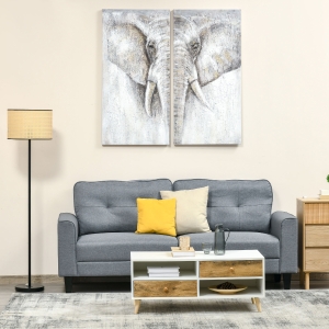 HOMCOM 2 Pieces Hand-Painted Canvas Wall Art with Heavy Texture, Painting Grey African Elephant for Living Room Bedroom Decor, 47.25"L x 47.25"