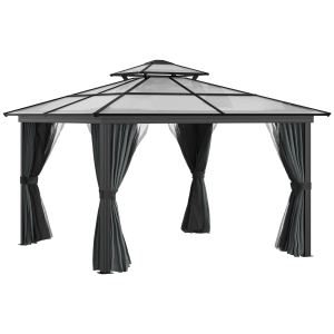 Outsunny 10x10 Hardtop Gazebo with Aluminum Frame, Polycarbonate Gazebo Canopy with Curtains, Netting for Garden, Patio, Backyard, Black